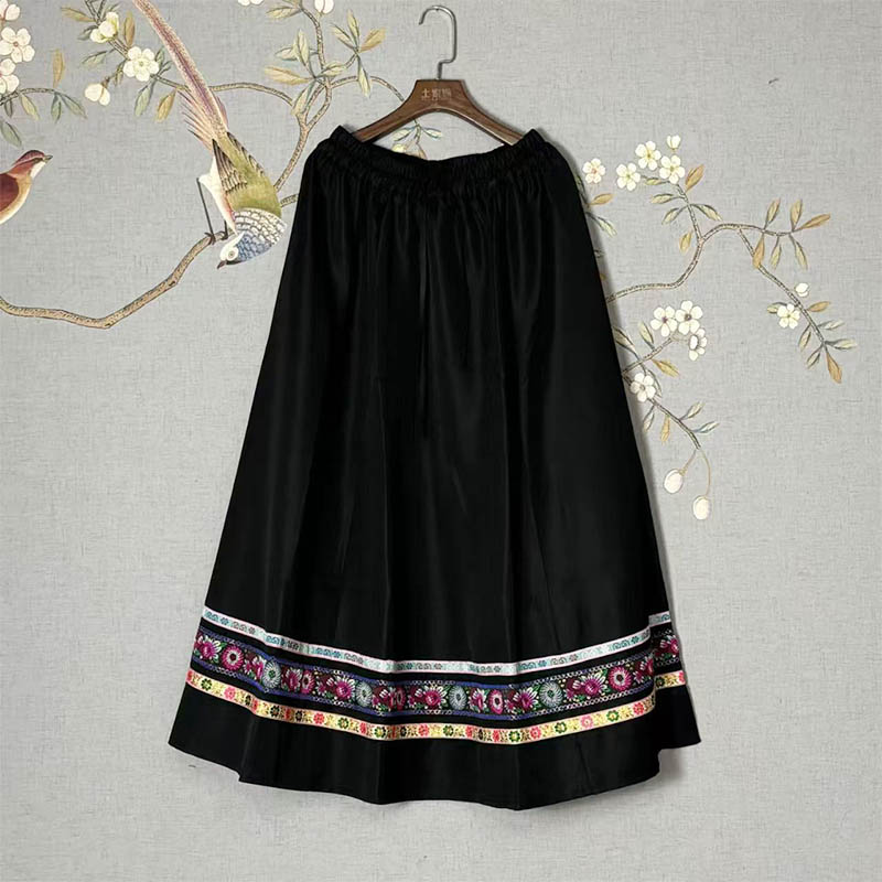 Thickened Ethnic Skirt with Lace Trim for Women (Miao & Tujia Style), 90cm in Length